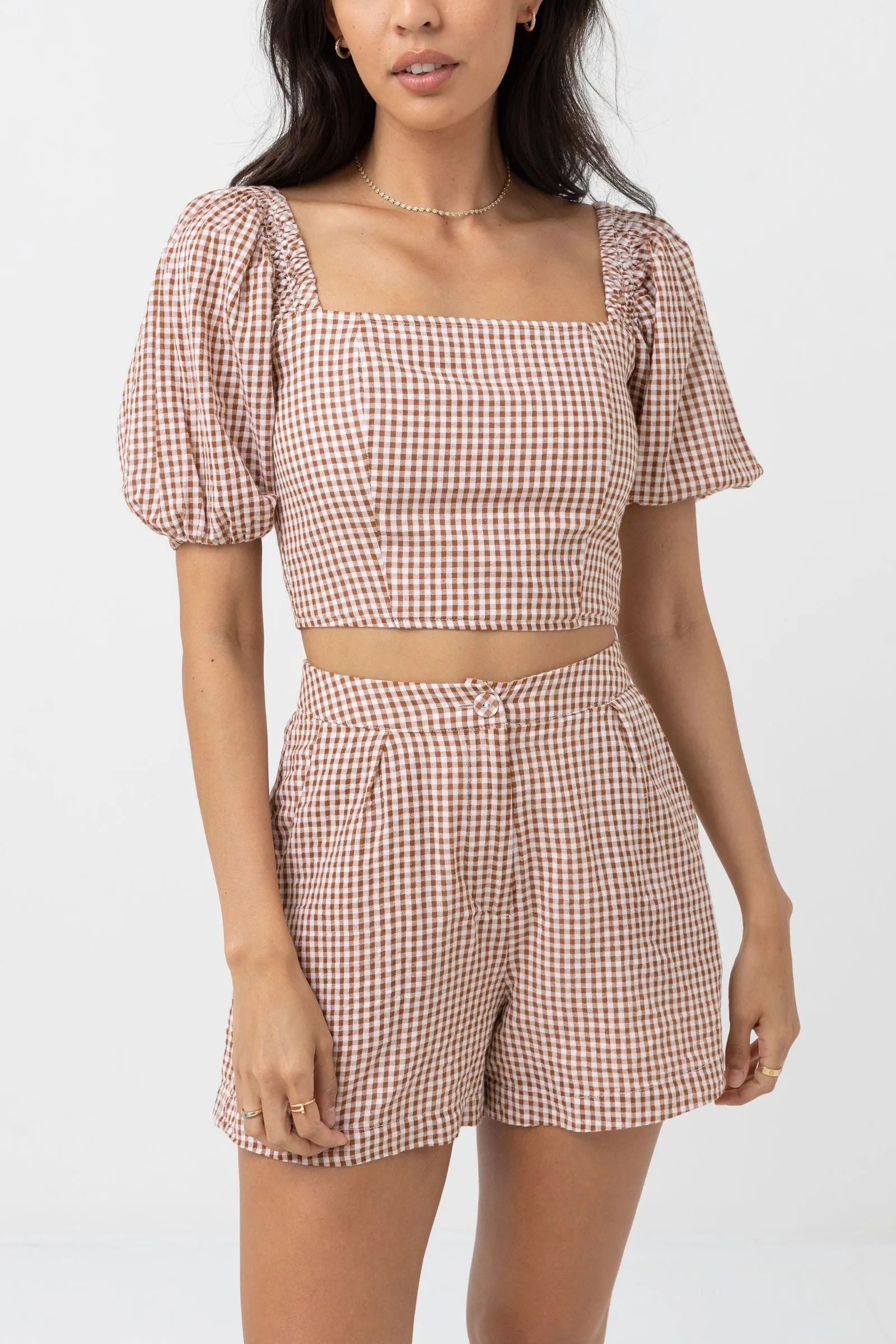 RHYTHM LOLA CHECK SHORT SLEEVE TOP - CLAY