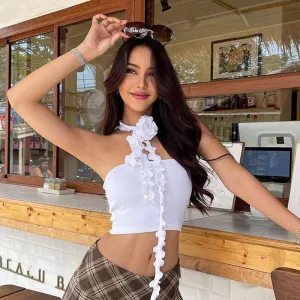 Ribbed 3D Flower Lettuce Detail Crop Top - White
