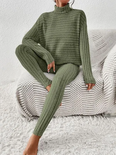Ribbed Turtleneck Top and Pants Lounge Set (5 Colors)