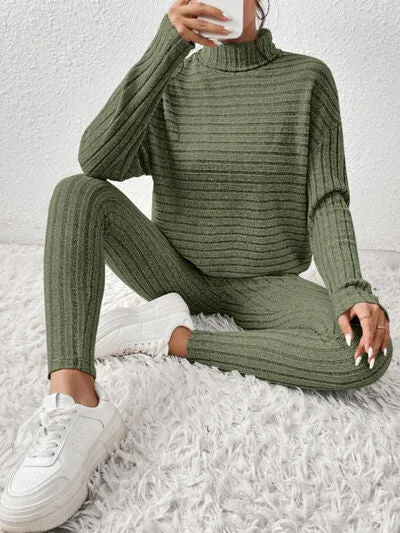 Ribbed Turtleneck Top and Pants Lounge Set (5 Colors)