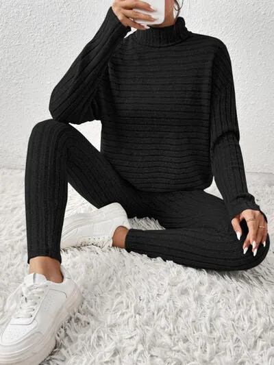 Ribbed Turtleneck Top and Pants Lounge Set (5 Colors)