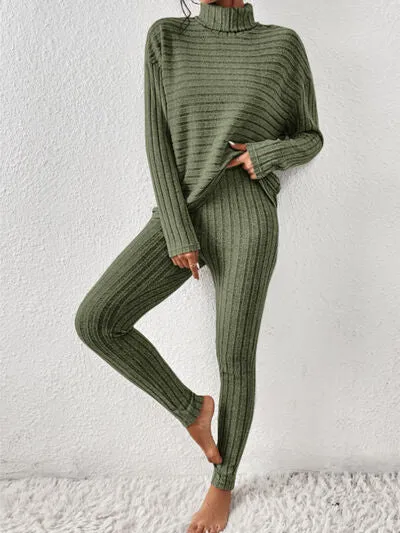 Ribbed Turtleneck Top and Pants Lounge Set (5 Colors)