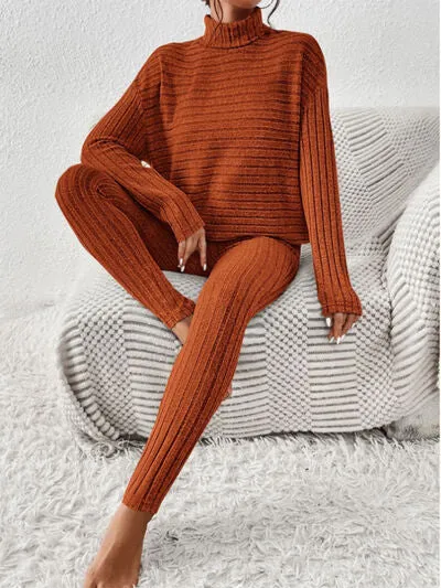 Ribbed Turtleneck Top and Pants Lounge Set (5 Colors)