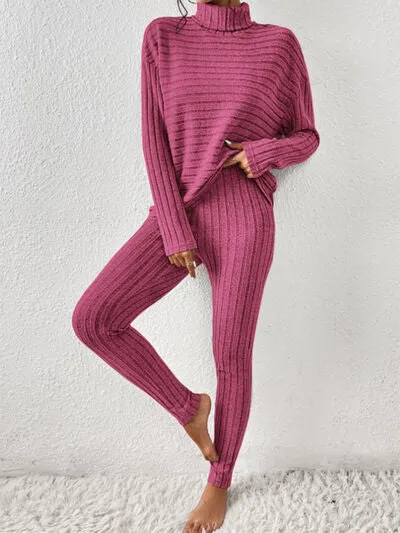 Ribbed Turtleneck Top and Pants Lounge Set (5 Colors)