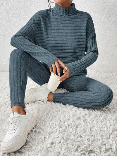 Ribbed Turtleneck Top and Pants Lounge Set (5 Colors)
