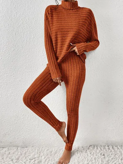 Ribbed Turtleneck Top and Pants Lounge Set (5 Colors)