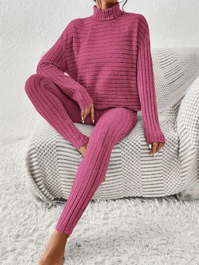 Ribbed Turtleneck Top and Pants Lounge Set (5 Colors)