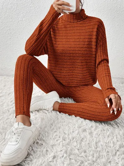 Ribbed Turtleneck Top and Pants Lounge Set (5 Colors)