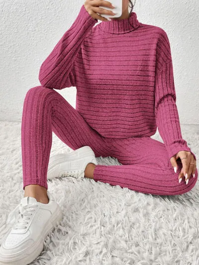 Ribbed Turtleneck Top and Pants Lounge Set (5 Colors)