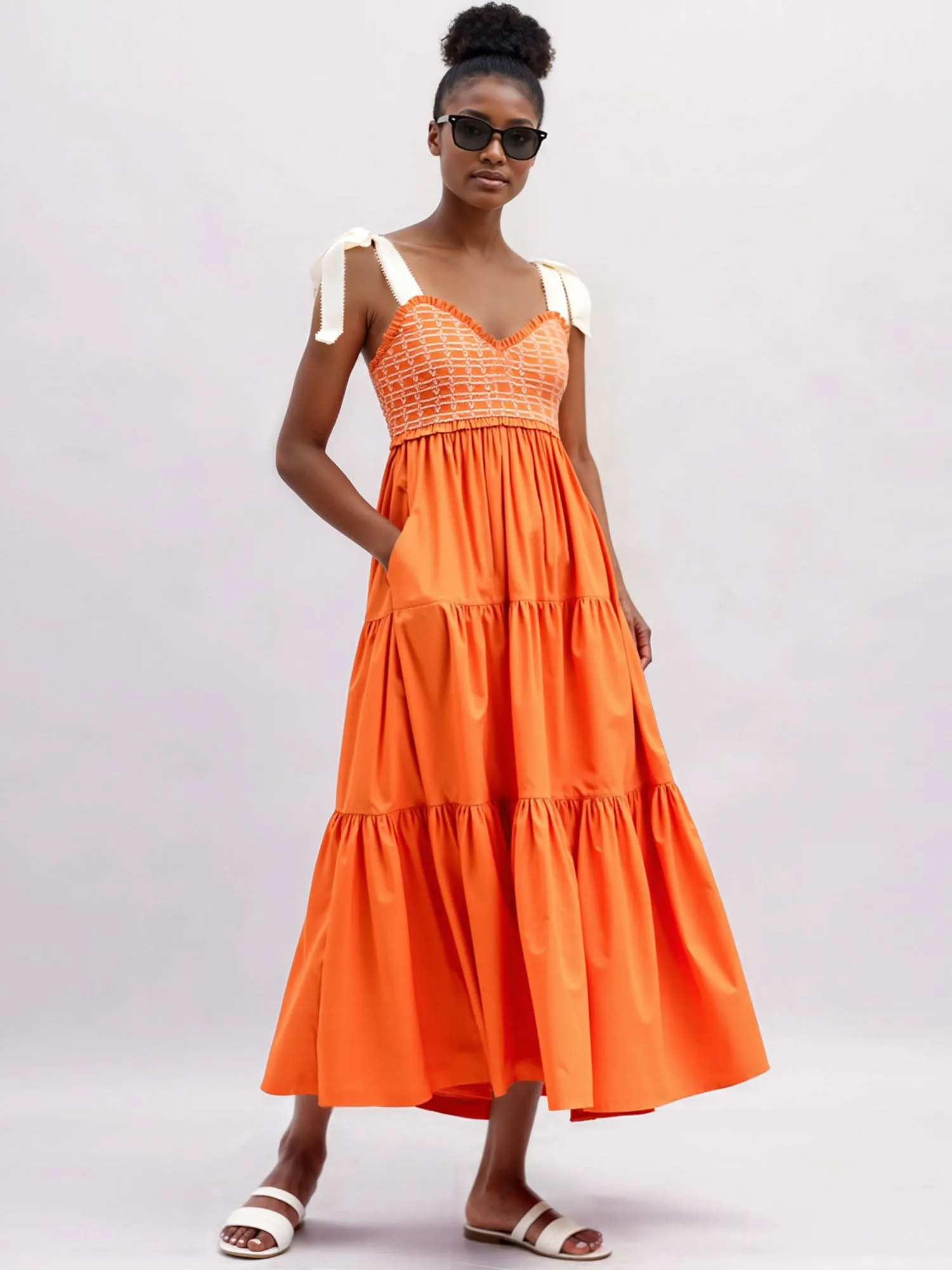 Ribbon Tie Strap Tiered Maxi Sun Dress