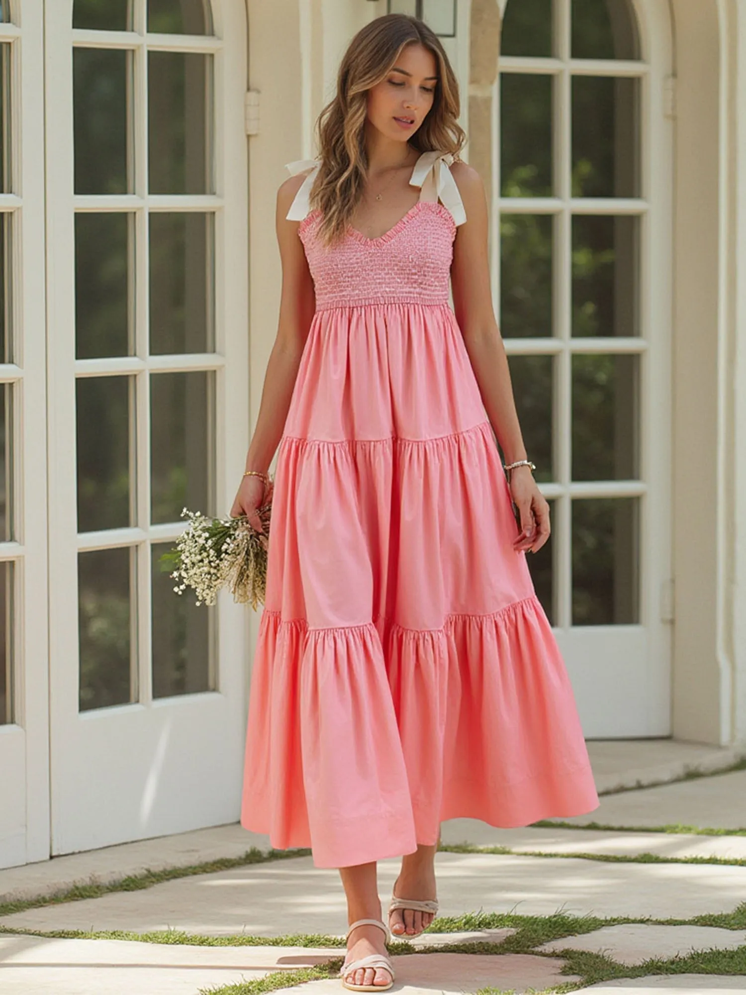 Ribbon Tie Strap Tiered Maxi Sun Dress