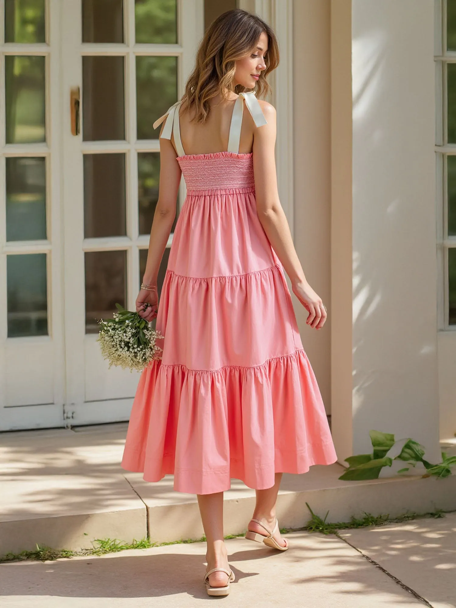 Ribbon Tie Strap Tiered Maxi Sun Dress