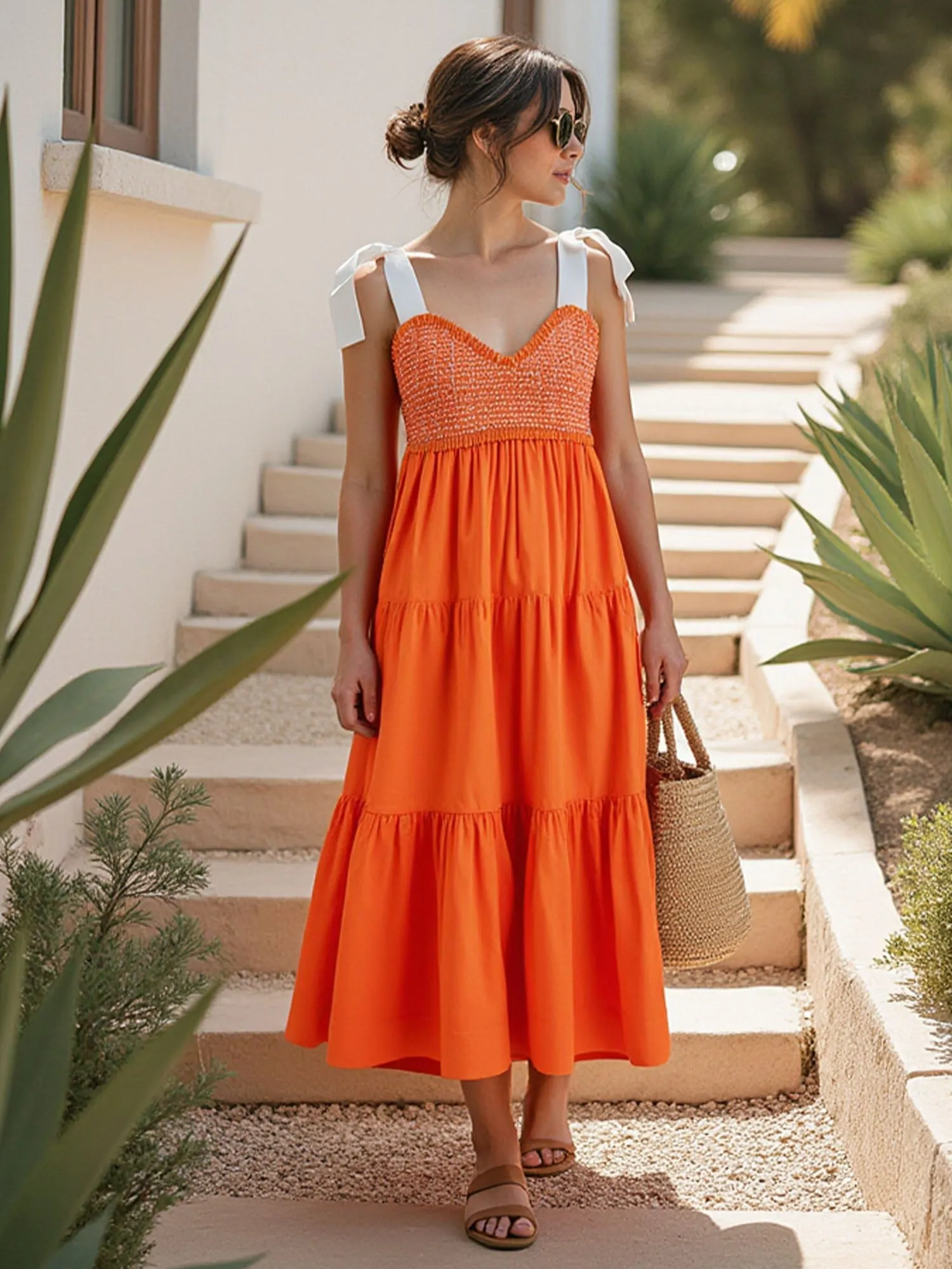 Ribbon Tie Strap Tiered Maxi Sun Dress