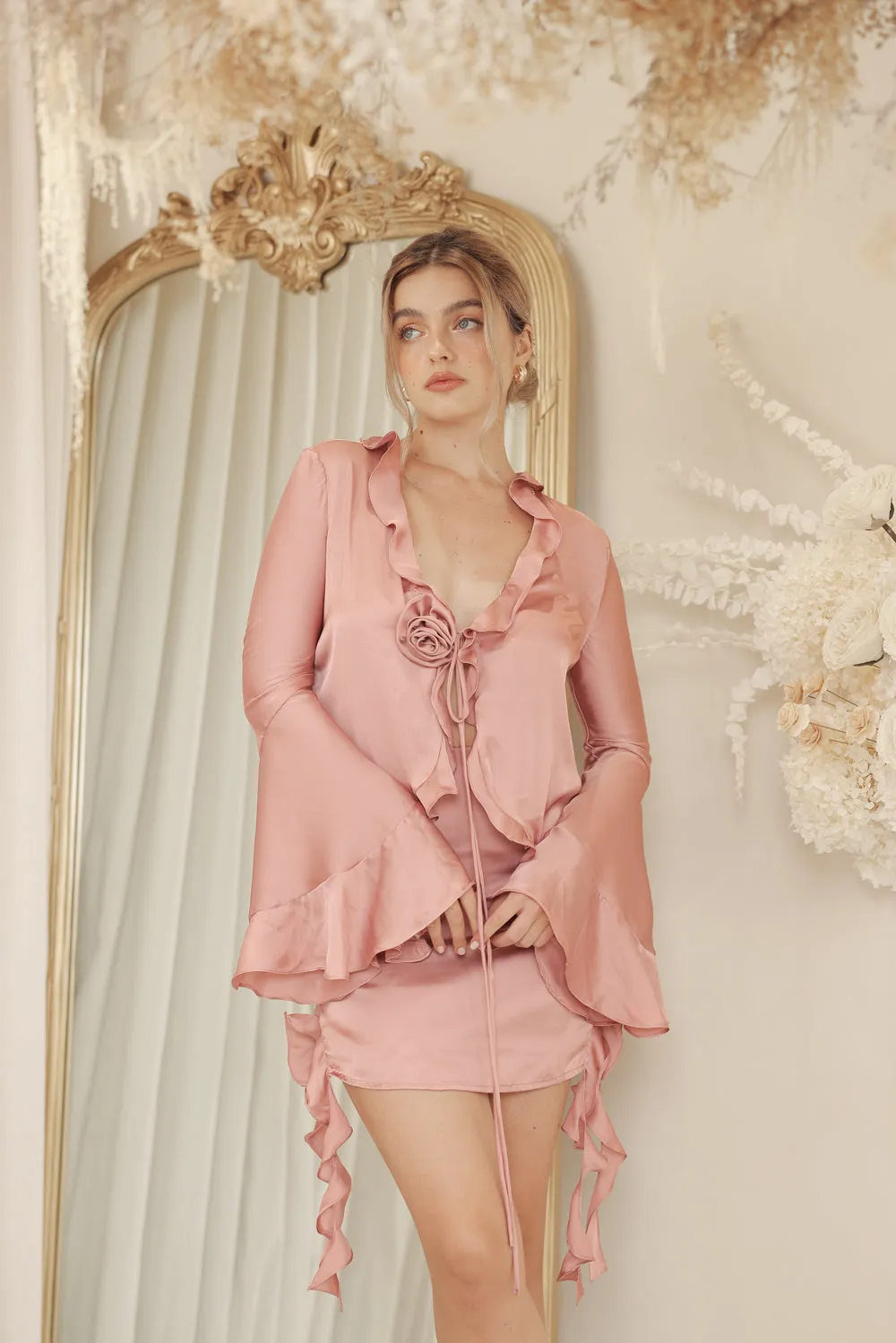 ROMAINE TOP Ruffled Wing Top with Floral Detail (Old Rose SC Silk)