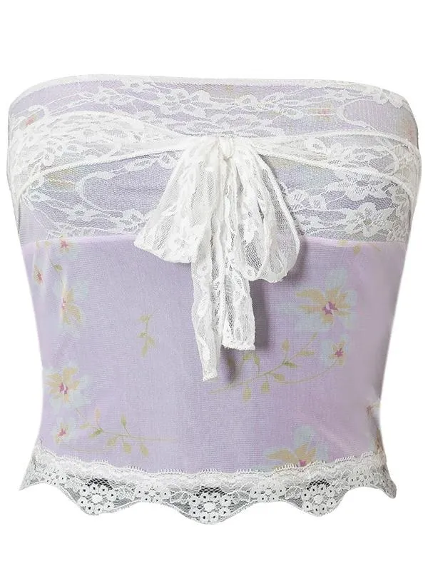 Rosa Mesh Bandeau Top mit Blumendruck und Spitze