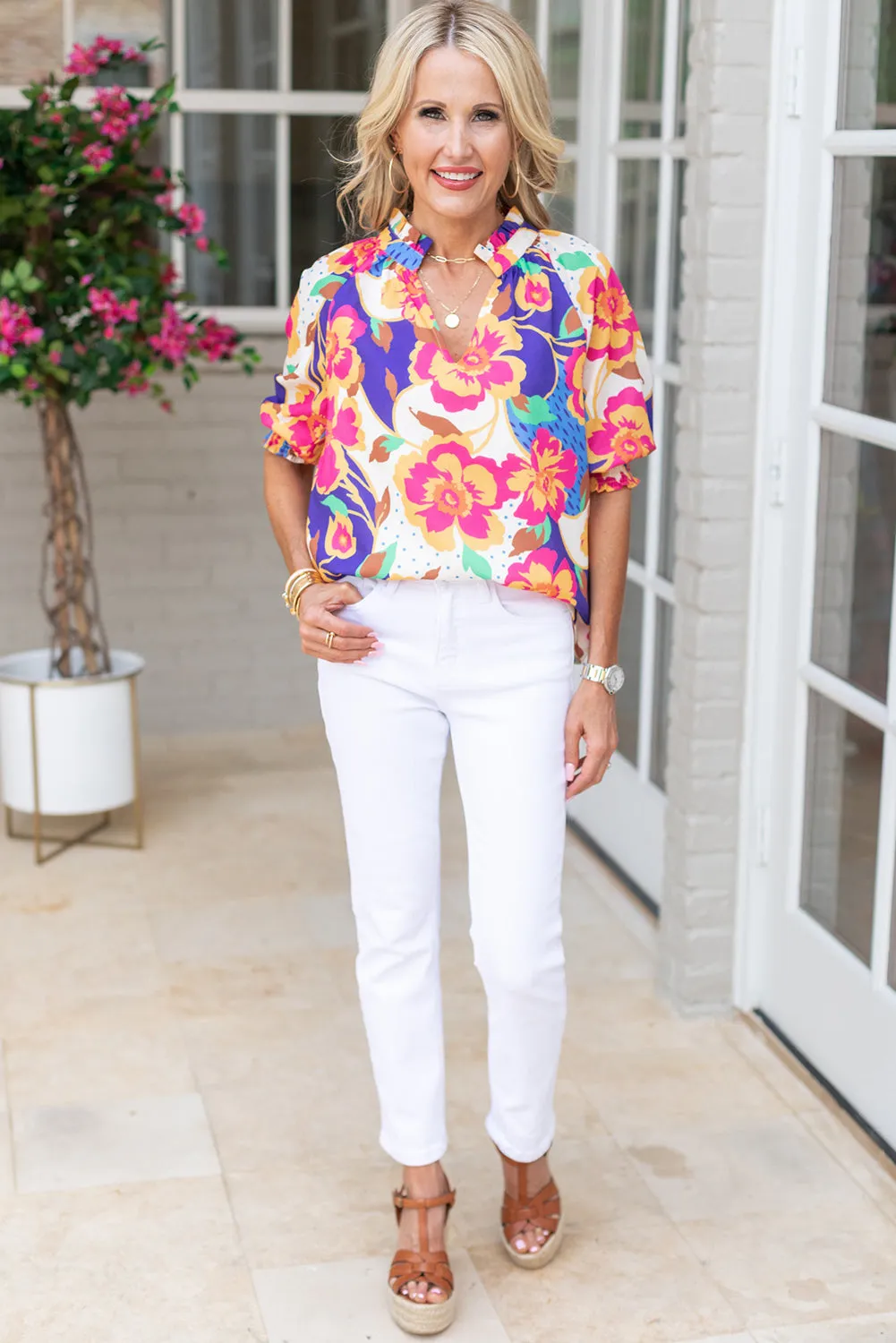 Rose Red Floral Split Neck Frilled Bubble Sleeve Blouse