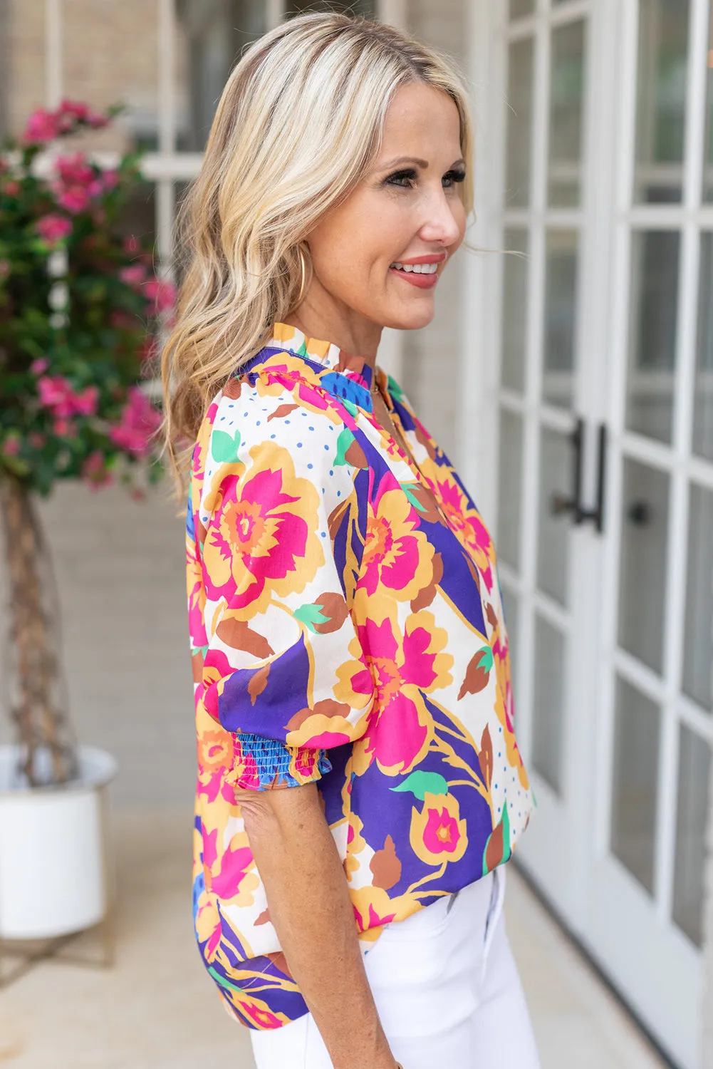 Rose Red Floral Split Neck Frilled Bubble Sleeve Blouse