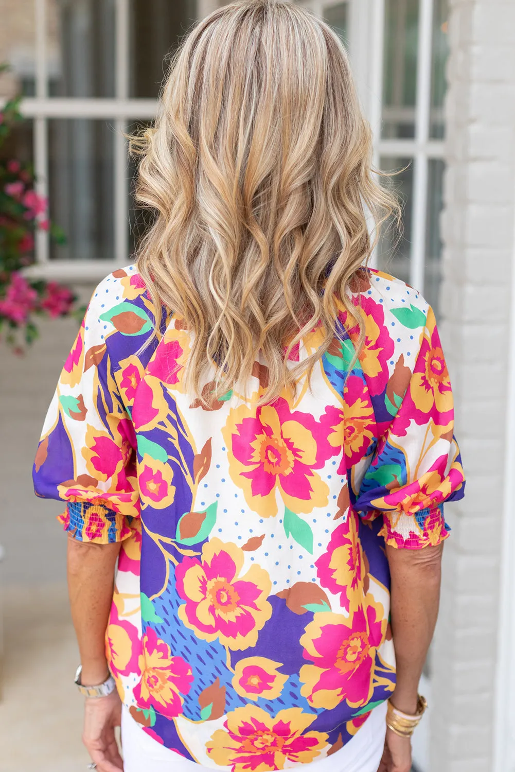 Rose Red Floral Split Neck Frilled Bubble Sleeve Blouse