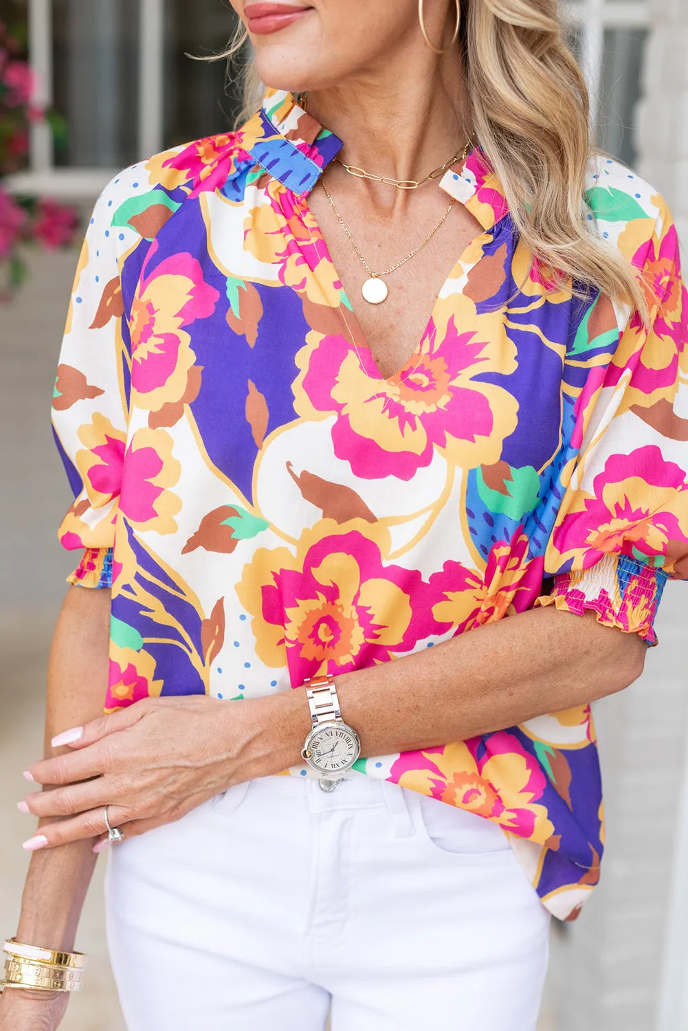 Rose Red Floral Split Neck Frilled Bubble Sleeve Blouse