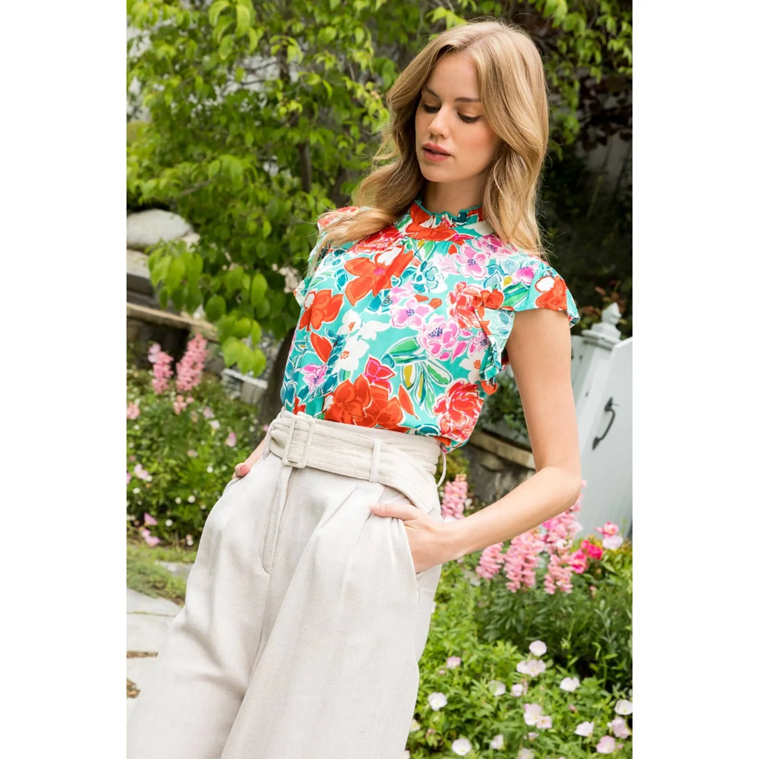 Ruffle Sleeve Flower Print Top