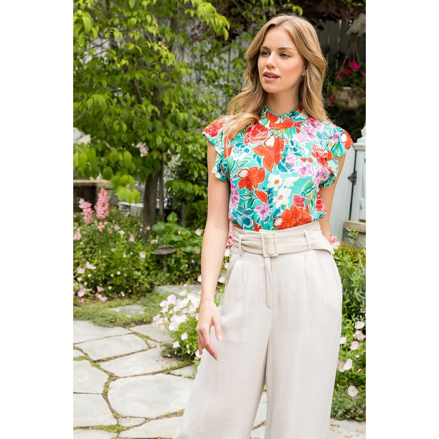Ruffle Sleeve Flower Print Top