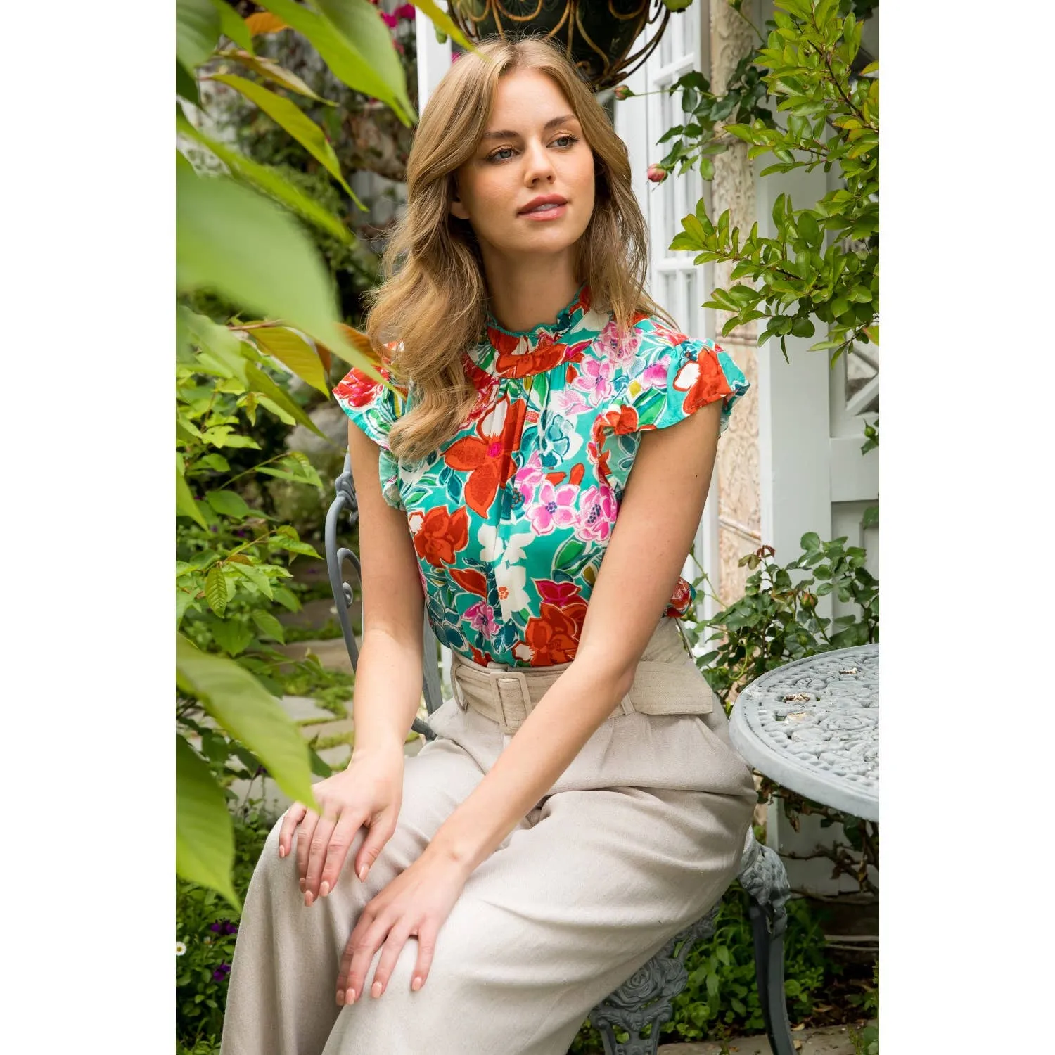 Ruffle Sleeve Flower Print Top