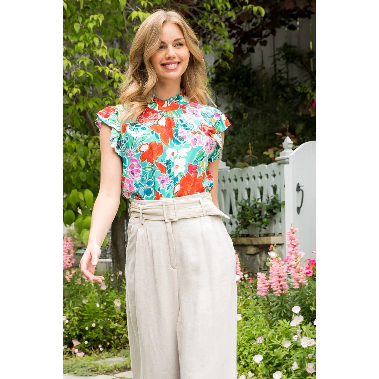 Ruffle Sleeve Flower Print Top