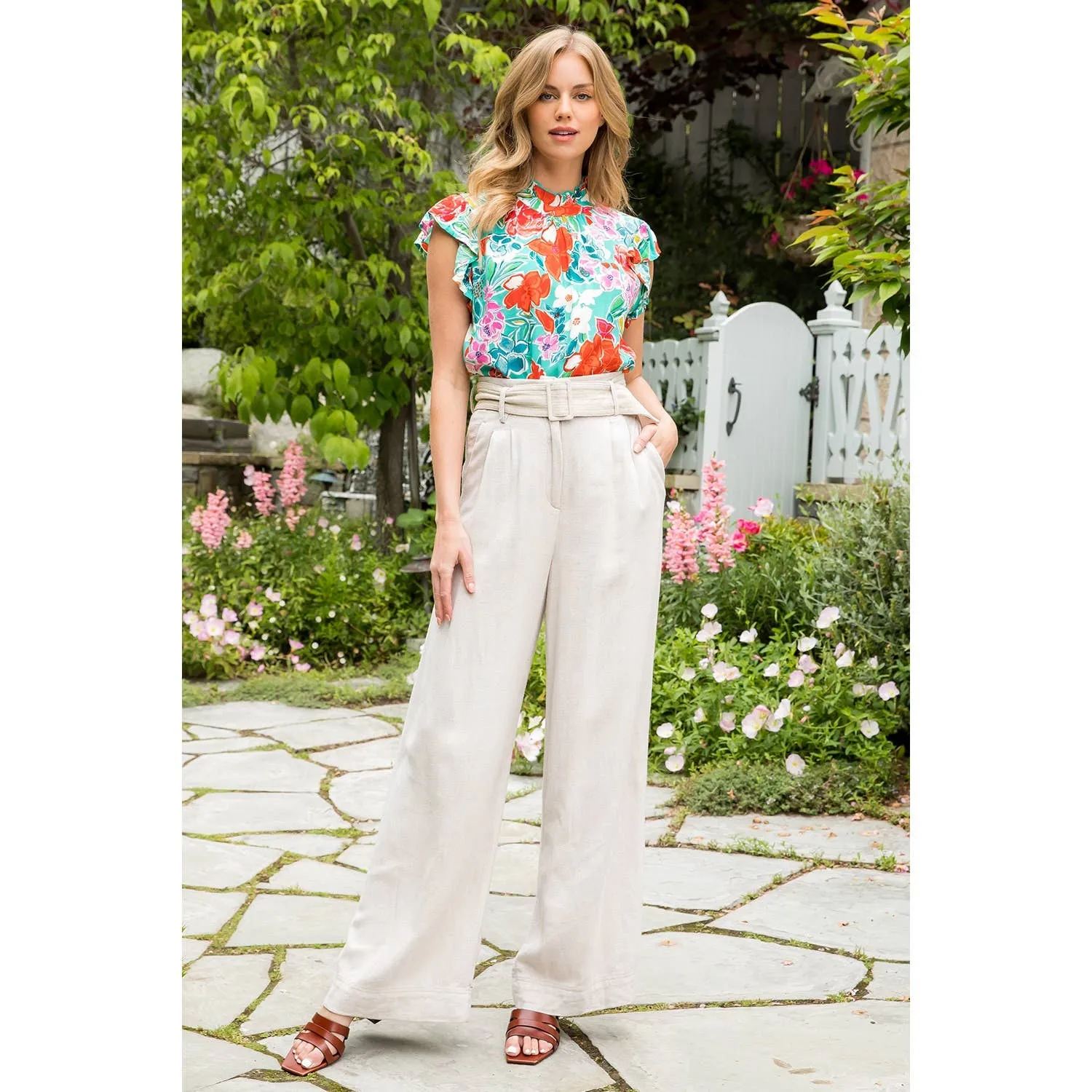 Ruffle Sleeve Flower Print Top