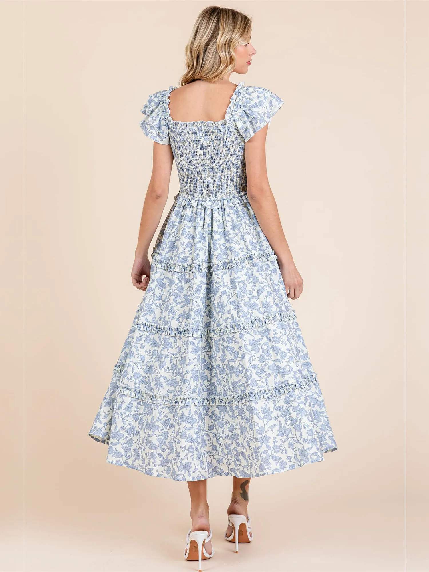 Ruffle Sleeve Ruched Bodice Floral Tiered Maxi Sun Dress