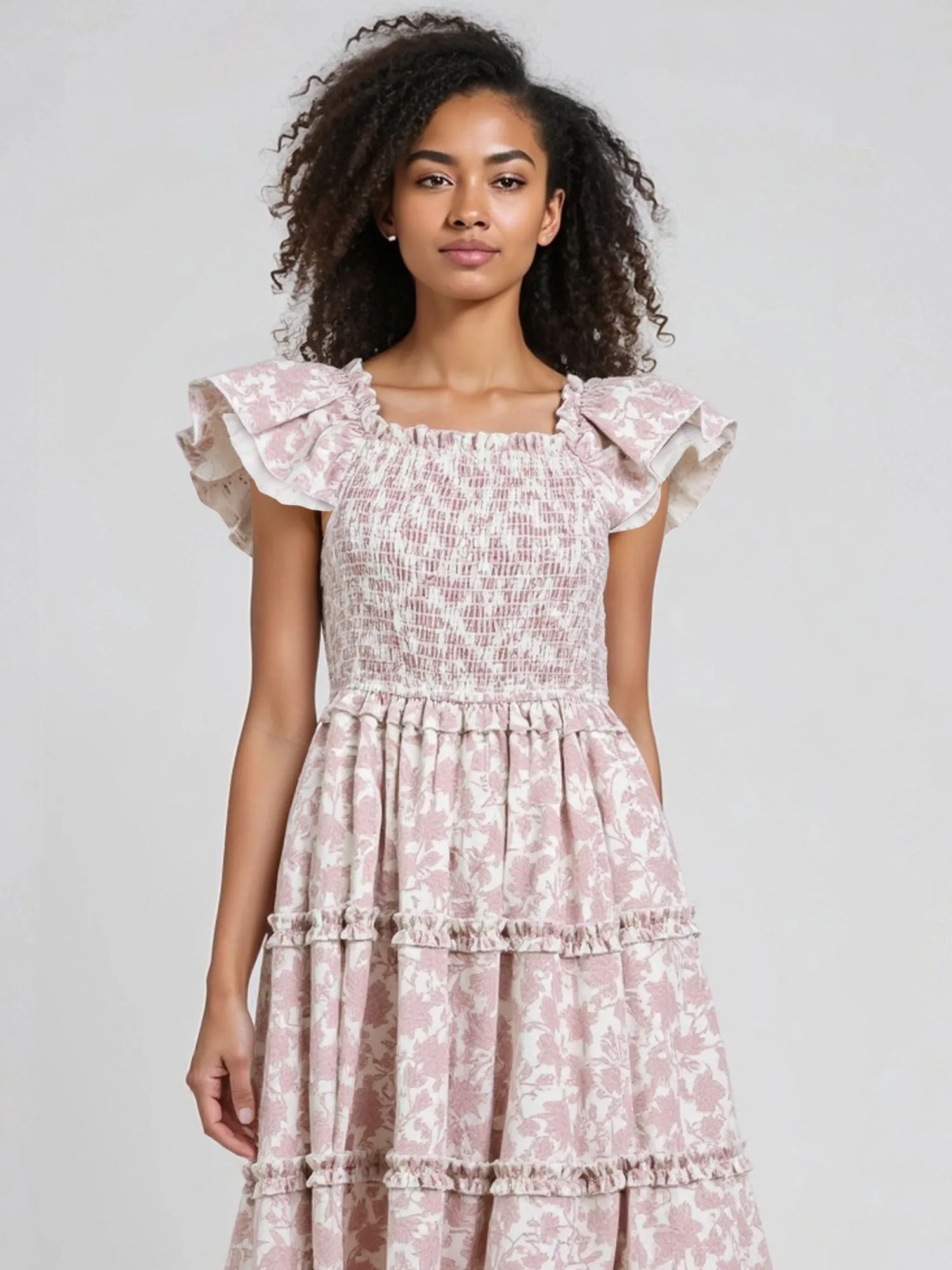 Ruffle Sleeve Ruched Bodice Floral Tiered Maxi Sun Dress