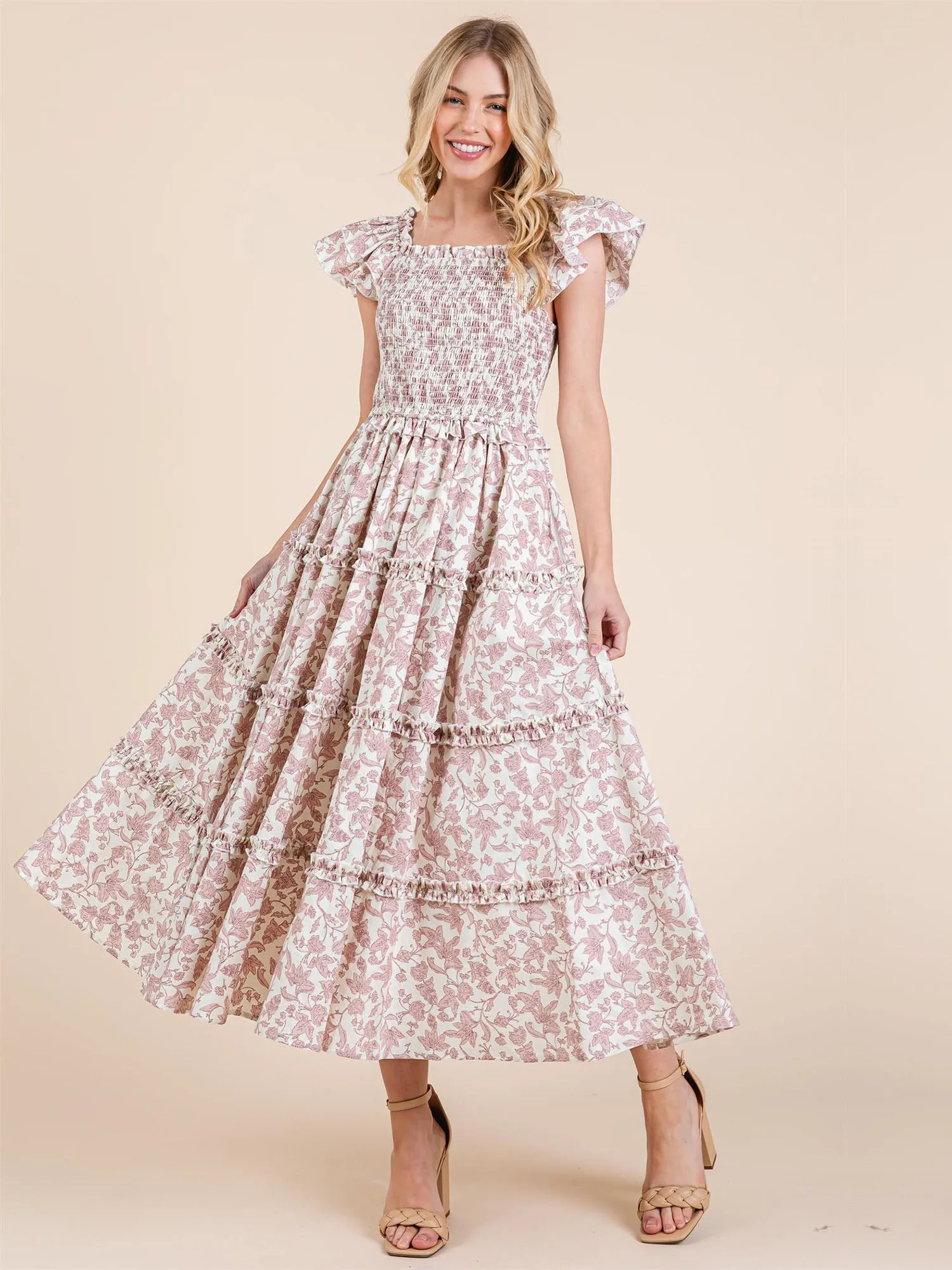 Ruffle Sleeve Ruched Bodice Floral Tiered Maxi Sun Dress