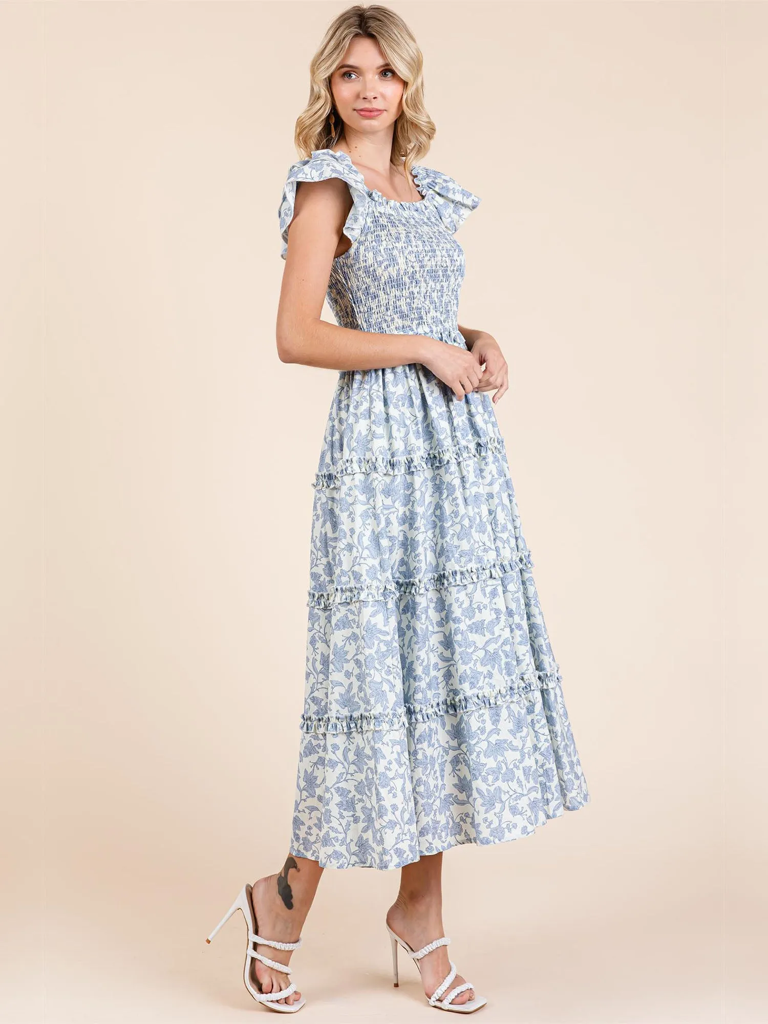 Ruffle Sleeve Ruched Bodice Floral Tiered Maxi Sun Dress