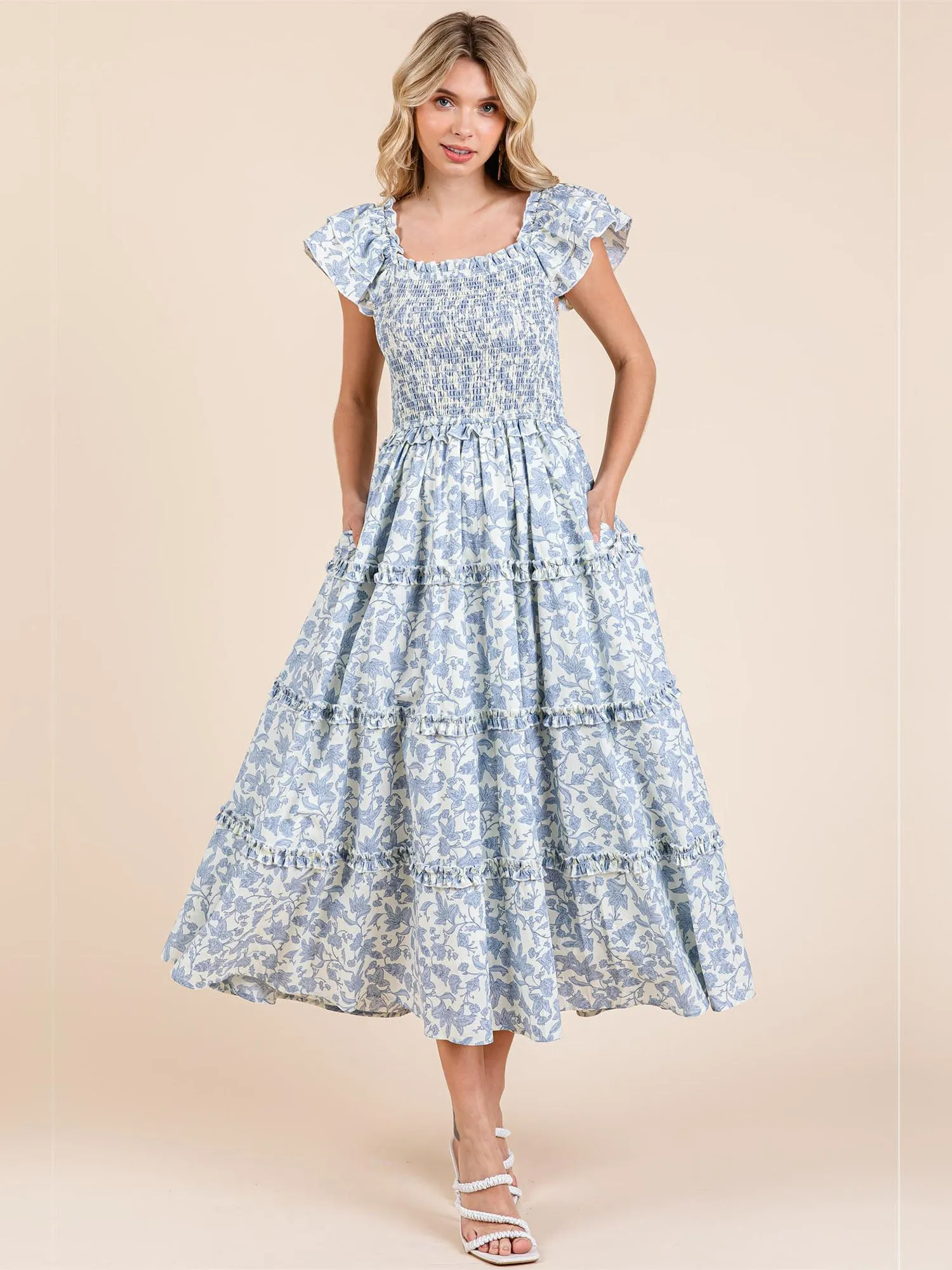 Ruffle Sleeve Ruched Bodice Floral Tiered Maxi Sun Dress