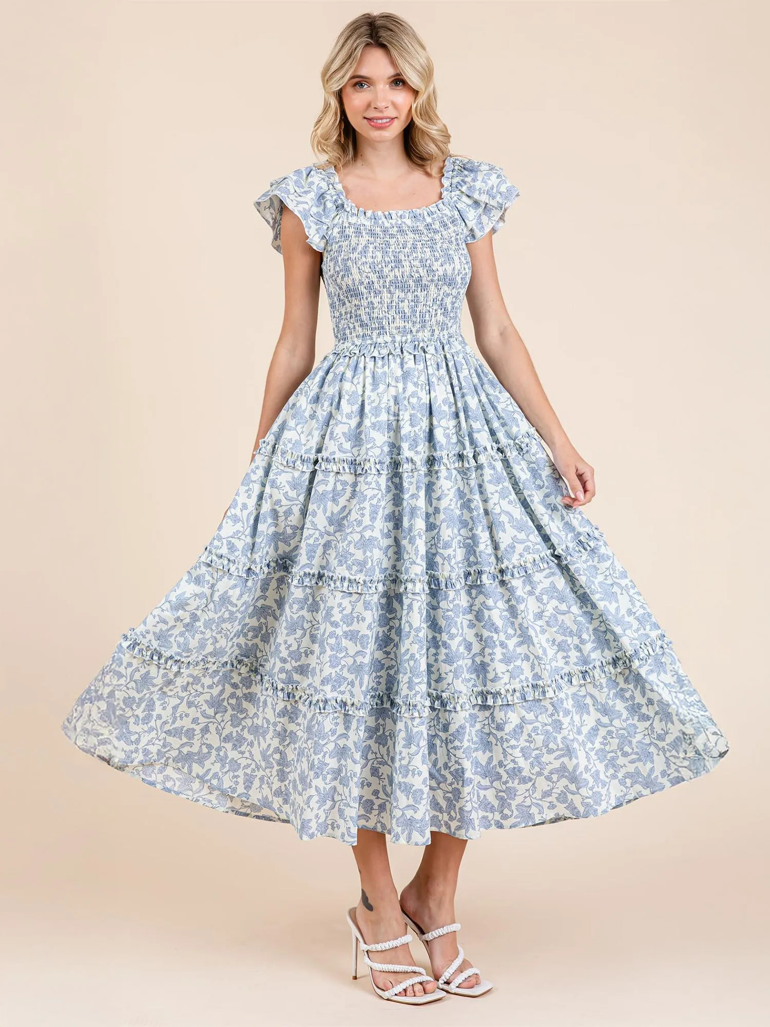 Ruffle Sleeve Ruched Bodice Floral Tiered Maxi Sun Dress