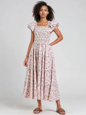Ruffle Sleeve Ruched Bodice Floral Tiered Maxi Sun Dress
