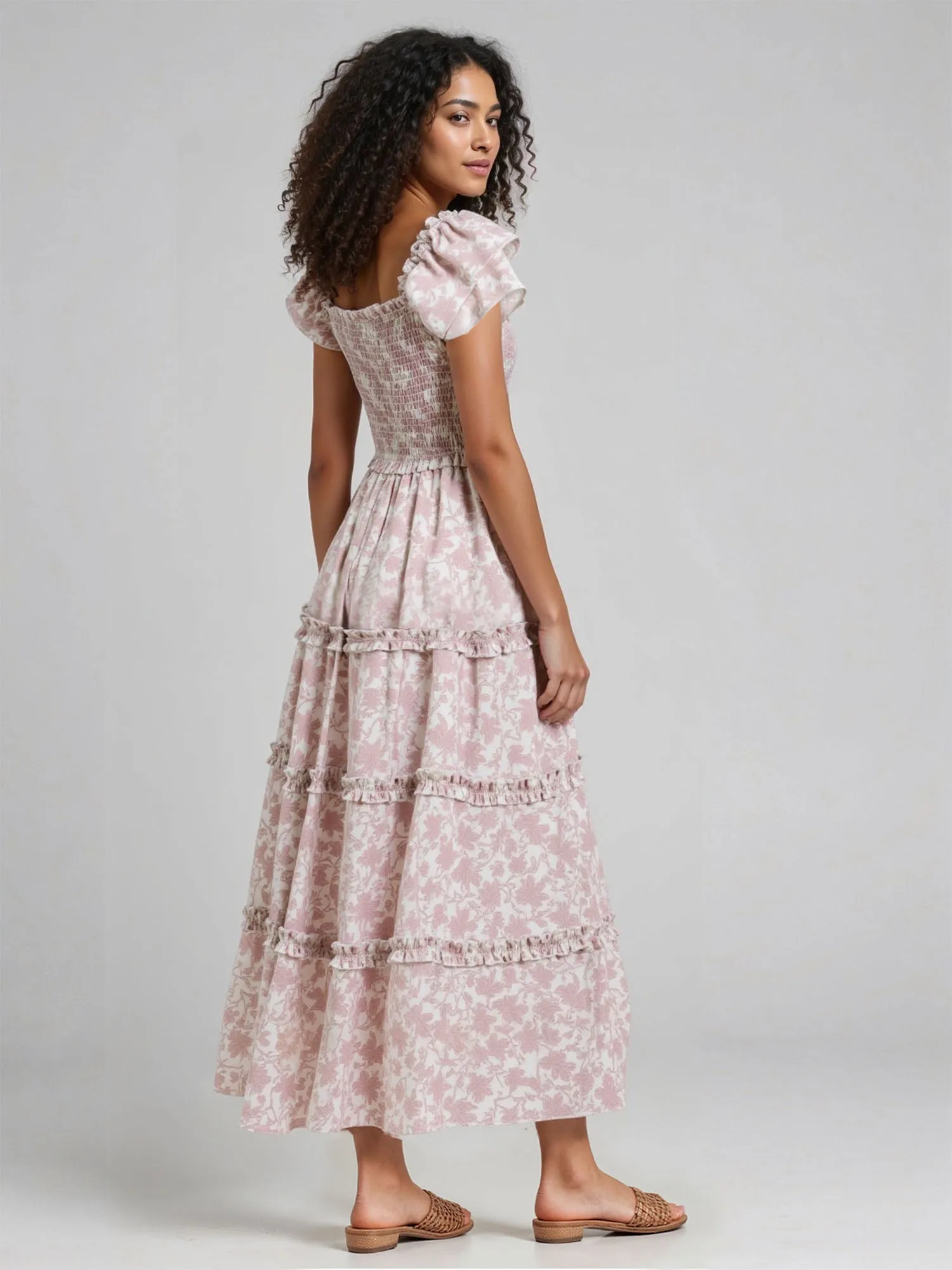 Ruffle Sleeve Ruched Bodice Floral Tiered Maxi Sun Dress