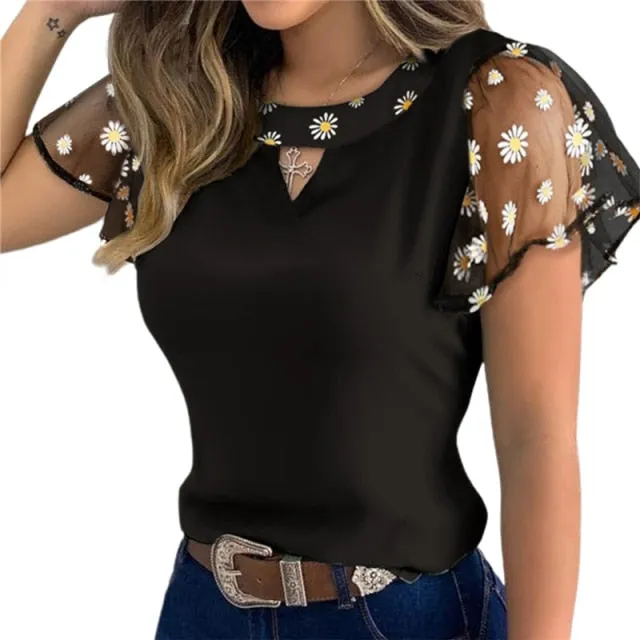 Ruffle Sleeve Tops Pullover Dot Polk Embroidery Floral Print Blouse Chiffon Jumper Tee
