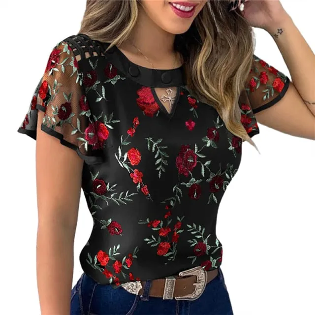 Ruffle Sleeve Tops Pullover Dot Polk Embroidery Floral Print Blouse Chiffon Jumper Tee