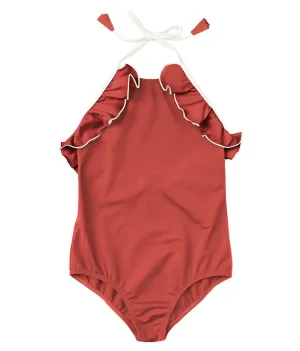 Ruffle Trim Swimsuit in Terracotta & Ivory