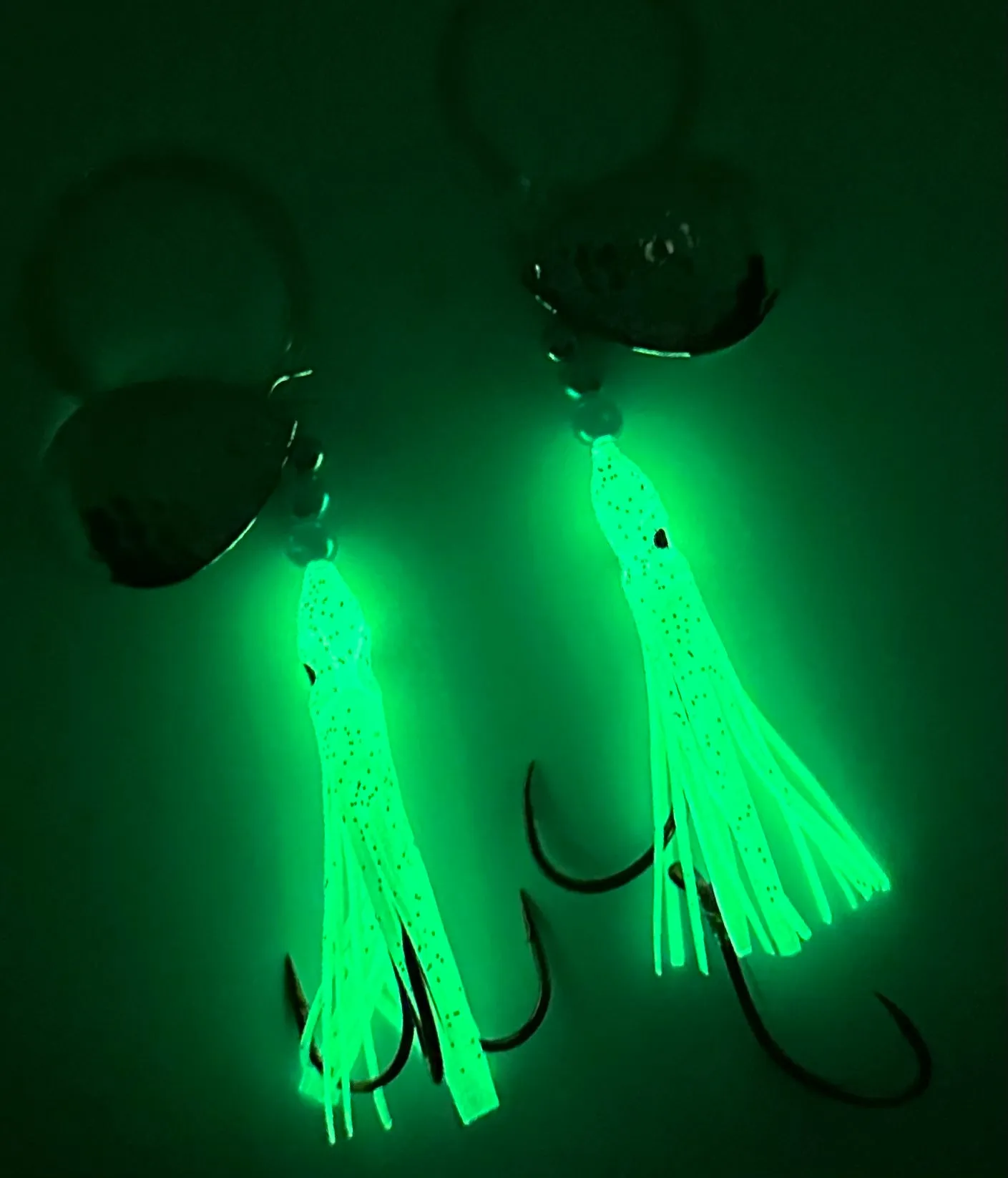 Salmon Tackle - Kokopros® Twin Pack Ghost White #7 Salmon Hoochie's Tied on a 2/0 Red Treble and a 4/0 Red Octopus Snells