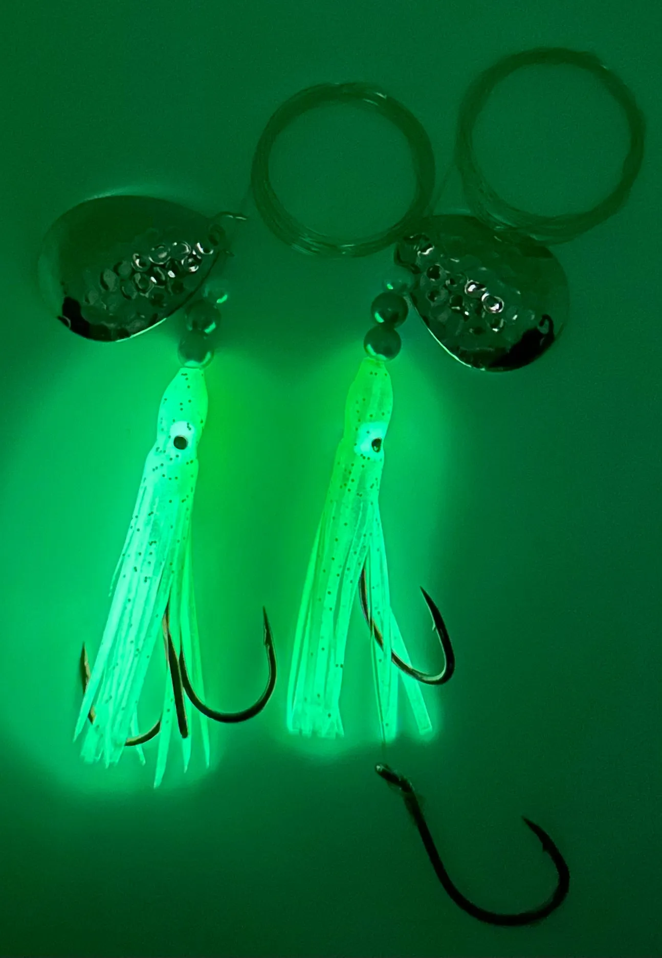 Salmon Tackle - Kokopros® Twin Pack Green and White #5 Salmon Hoochie's  2/0 Red Treble and a 4/0 Red Octopus Snell
