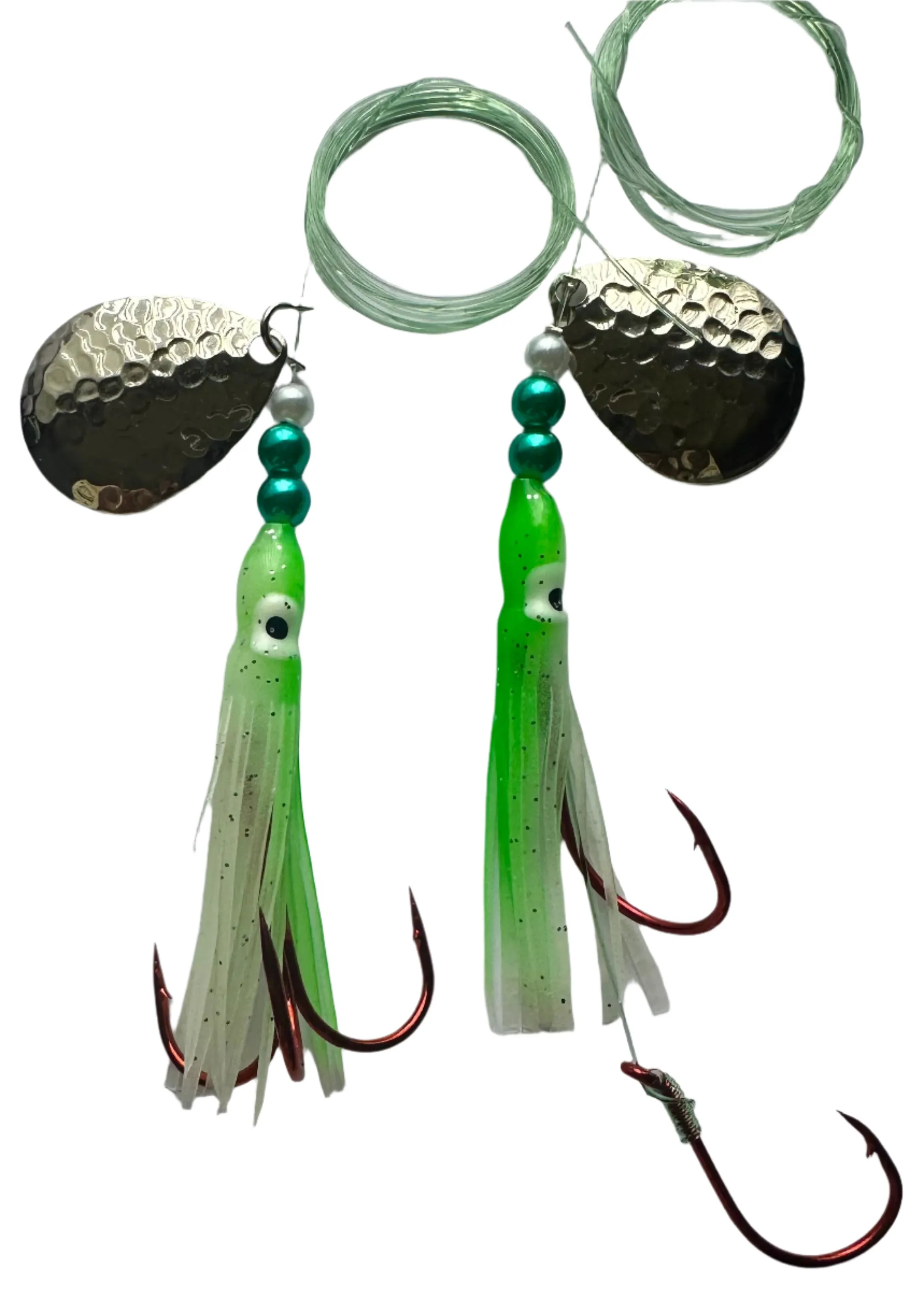 Salmon Tackle - Kokopros® Twin Pack Green and White #5 Salmon Hoochie's  2/0 Red Treble and a 4/0 Red Octopus Snell