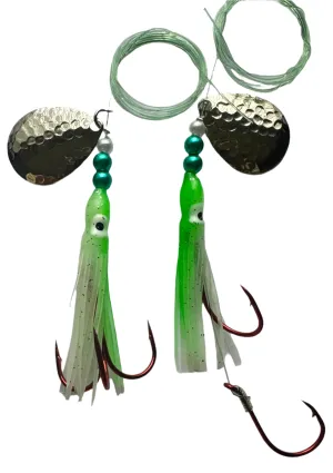 Salmon Tackle - Kokopros® Twin Pack Green and White #5 Salmon Hoochie's  2/0 Red Treble and a 4/0 Red Octopus Snell