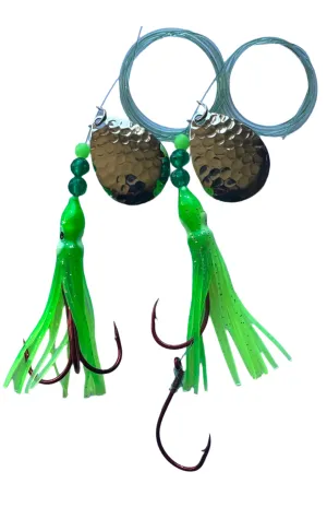Salmon Tackle- Kokopros® Twin Pack Green Chartreuse #10 Luminous Salmon Hoochie's  2/0 Red Treble and a 4/0 Red Octopus Snell