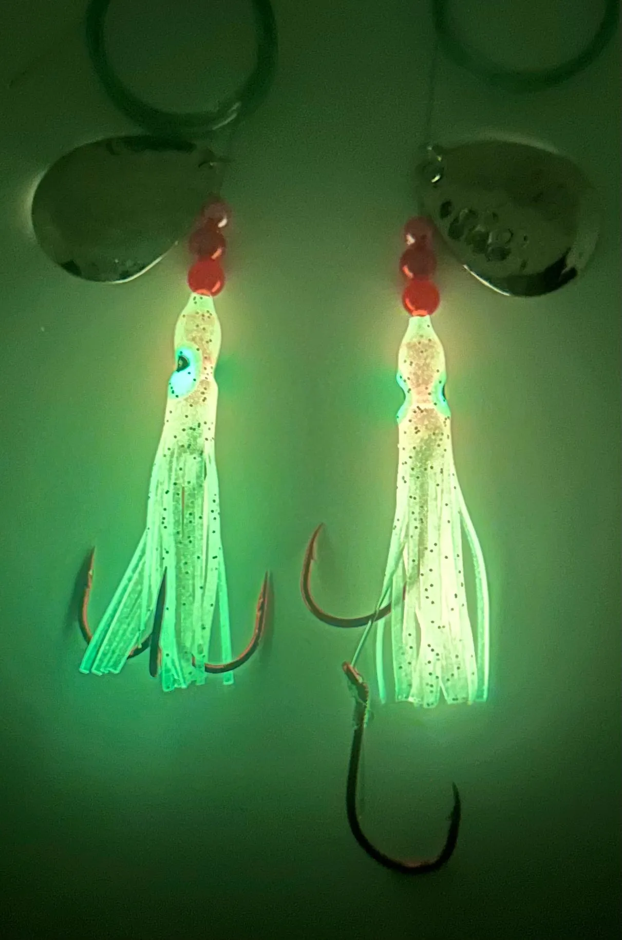 Salmon Tackle - Kokopros®Twin Pack Light Pink #1 Salmon Hoochie's 1) Tied on a 2/0 Red Treble and 4/0 Red Octopus Snell