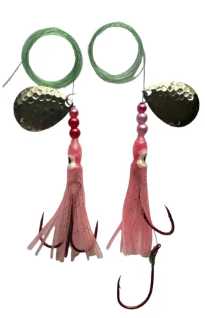 Salmon Tackle - Kokopros®Twin Pack Light Pink #1 Salmon Hoochie's 1) Tied on a 2/0 Red Treble and 4/0 Red Octopus Snell