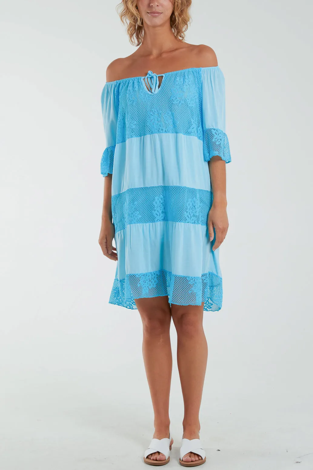 Scoop Neck Tie Lace Tiered Midi Dress