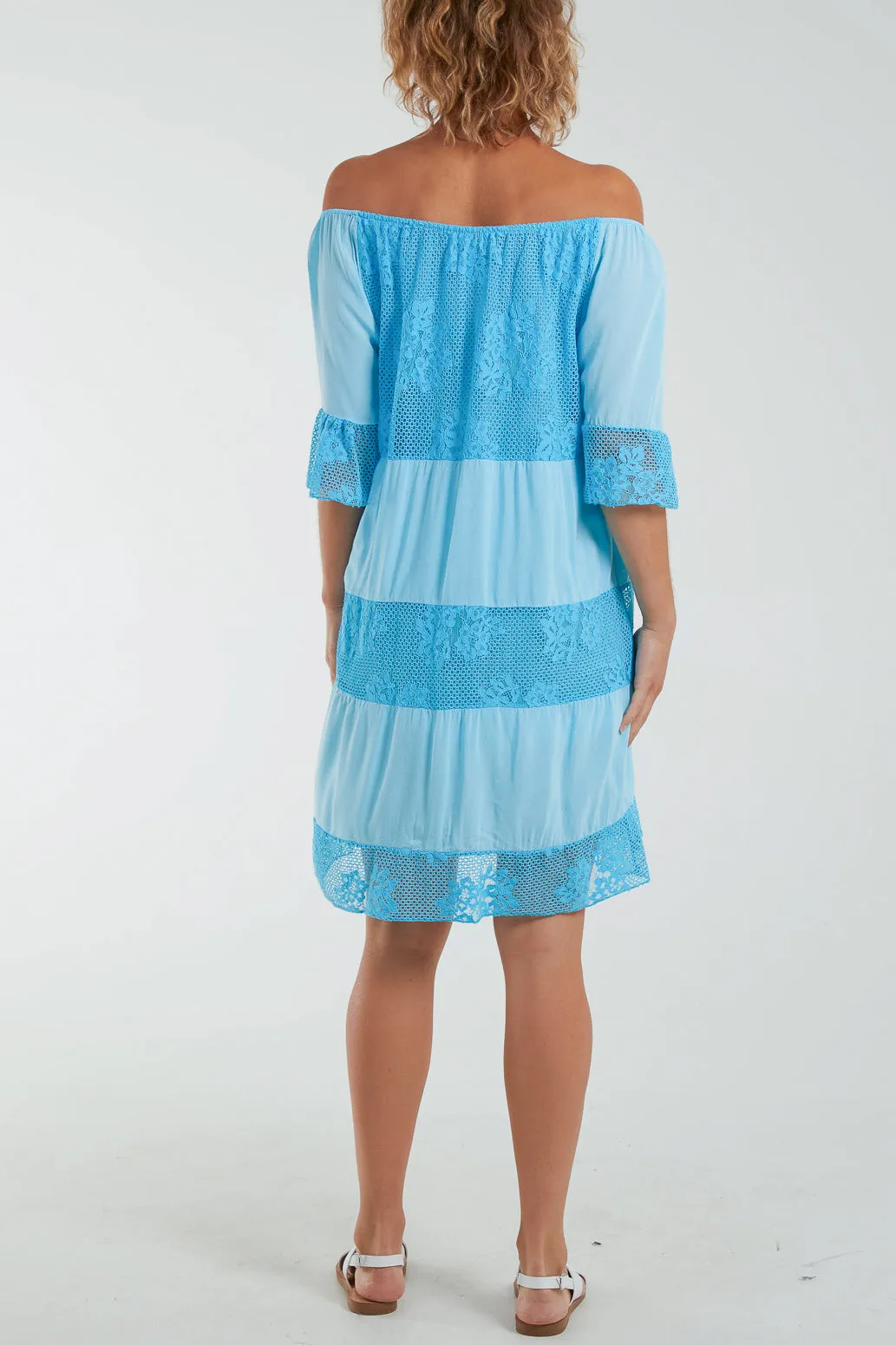 Scoop Neck Tie Lace Tiered Midi Dress