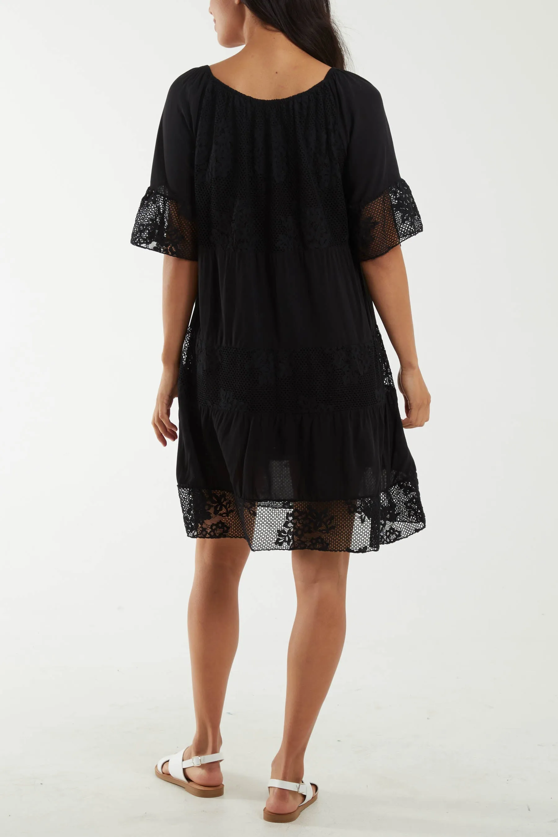 Scoop Neck Tie Lace Tiered Midi Dress