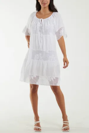 Scoop Neck Tie Lace Tiered Midi Dress